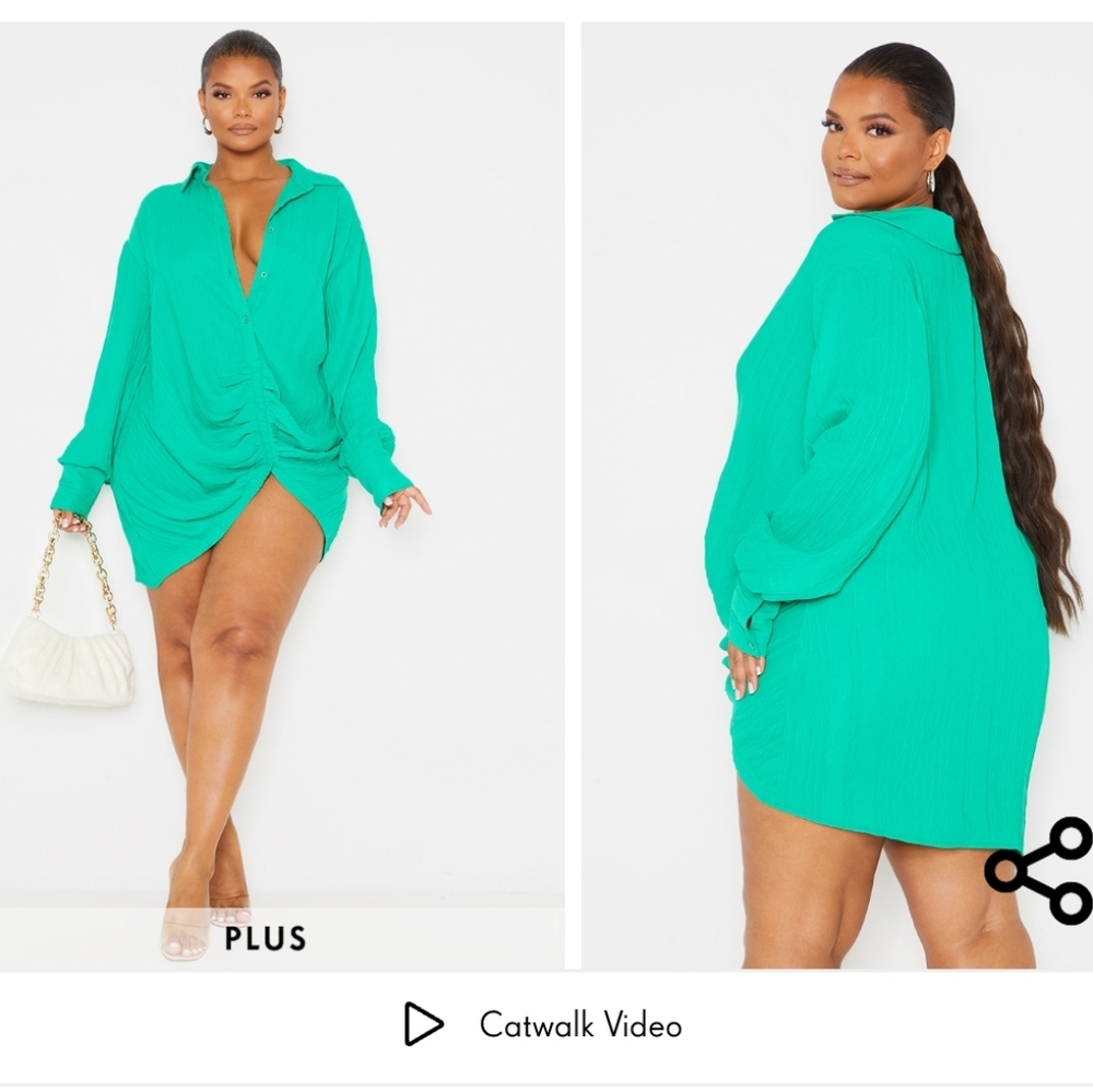 Green textured gathered detail long sleeve shirt dress